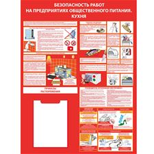 Стенд "Безопасность работ на предприятиях общественного питания. Кухня (Пластик 1000 x 750 х 3)"